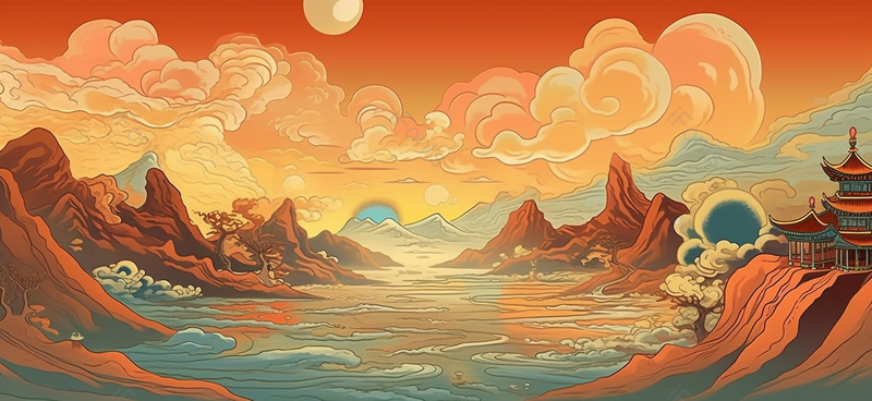 国潮山水海浪自然美景插画背景,插画/手绘图,插画/手绘图库,插画/手绘图下载,插画/手绘